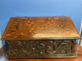 C18th and later carved oak box desk or Bible box, slope front and top marquetry decorated with
