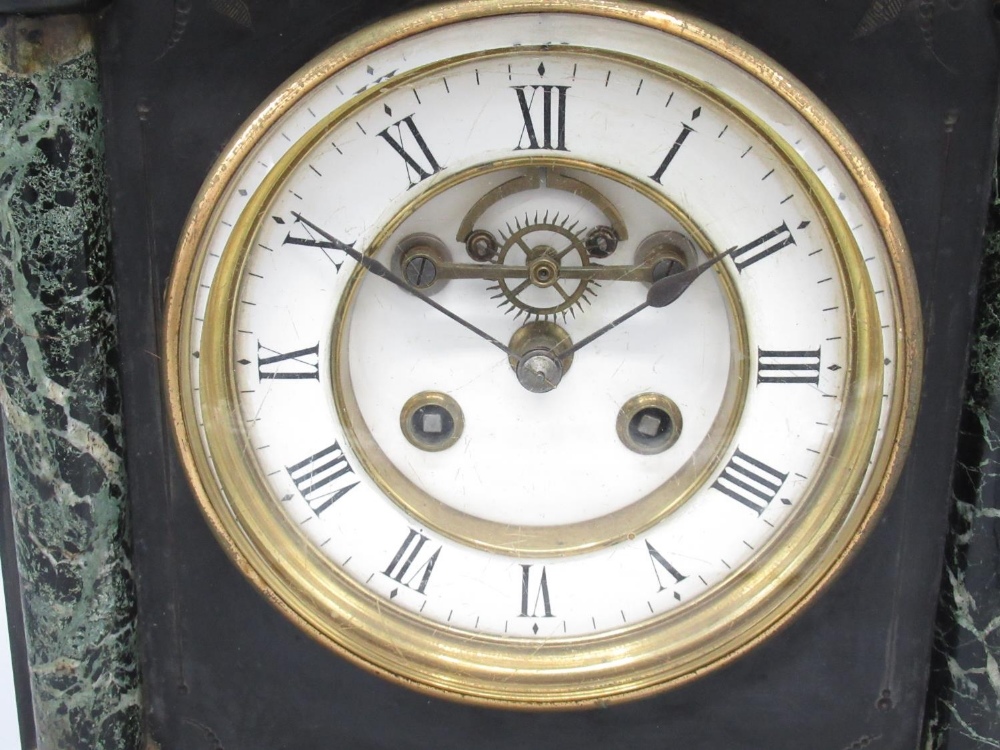 S Marti & Cie. late C19th French slate and variegated marble mantle clock, architectural case with - Image 2 of 5