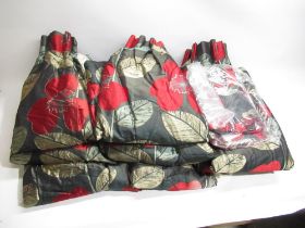 Collection of curtains with red 3 leaf flowers on a dark silvered background, in 2 sizes:. approx.