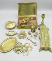 Collection of brassware and metal ware inc. figures, candle sticks, tray, etc. (qty. in 2 boxes)