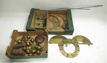 C19th longcase clock brass spandrels, brass finials, hands other longcase clock fittings etc (2)