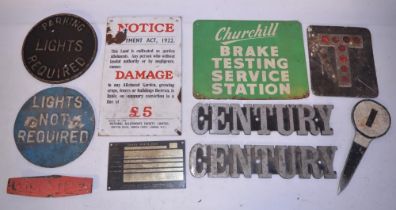 Collection of vintage metal signs to include Churchill Brake Testing Station 29.7x22.8cm (painted,