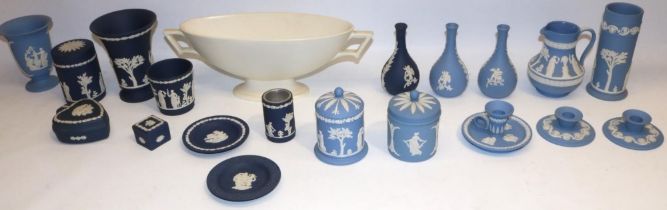 Collection of Wedgwood blue and dark blue jasperware, incl. vases, candlesticks, jars and covers,