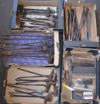 Collection of blacksmiths tools, tongs etc and other hand tools. Qty, 5 boxes