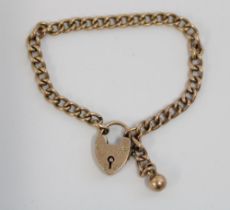 Yellow metal link bracelet with 9ct gold heart shape clasp, chain not marked, 5.2g