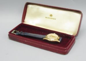 Bucherer gold plated wristwatch, signed champagne Arabic dial with applied hour markers and centre