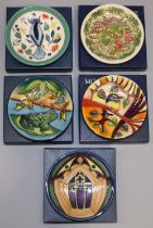 Moorcroft Pottery: five MCC Moorcroft Collectors Club pin dishes/coasters - church window design