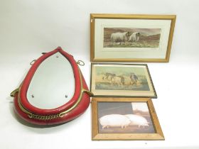 Red leather and brass horse collar mirror H68cm, Andrew Hutchinson Signed Limited Edition Print