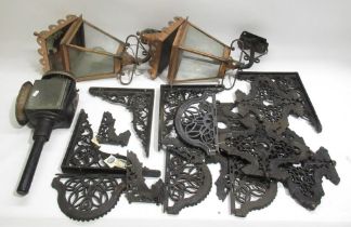 C20th pair of copper exterior lanterns on wrought iron brackets, C19th coach lamp, two pairs of cast