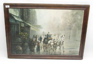 Two large oil on canvas pictures, signed Glenn - Parisian street scene, 75x49.5cm, and galleon in