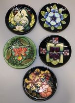 Moorcroft Pottery: five pin dishes, all signed J. Moorcroft - 'Lamia' pattern, dated '96; 'Oberon'