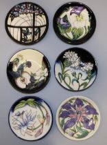 Moorcroft Pottery: six pin dishes designed and signed by Nicola Slaney - 'Koko' pattern, design