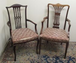 Edwardian satinwood inlaid mahogany open arm chair with pierced splat and square tapered legs and