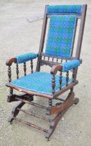 Late C19th/early C20th American beech rocking chair with turned spindles. H100cm