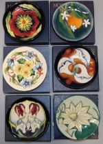 Moorcroft Pottery: six trial pin dishes/coasters - orange with orange blossom, dated '99; white