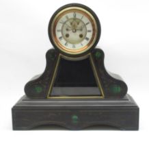S. Marti & Cie C19th French slate and malachite mantel clock, drum head over bevelled glazed