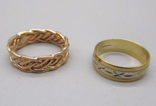 9ct white and yellow gold band ring, stamped 375, size N1/2, and a rose gold plait design ring,