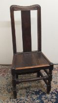 C18th oak backstool, solid splat and seat on turned and block supports with stretchers