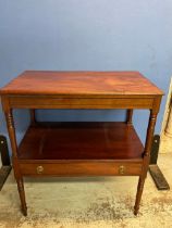 C19th mahogany two-tier washstand, with single drawer on ring turned supports, W70cm D41cm H70cm