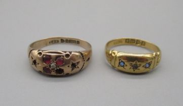 18ct yellow gold gypsy style ring set with blue and white stones, stamped 18, size L1/2, 2.2g and