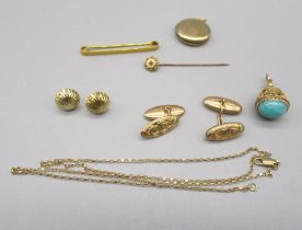 9ct yellow gold Edwardian pin set with single ruby, and other 9ct yellow gold jewellery including