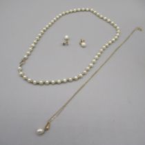 pearl and yellow metal bead necklace, clasp stamped 9k, L40cm, a yellow metal drop pearl pendant