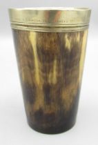 C19th Jenner and Knewstub horn beaker with glass bottom and plated rim, H8.5cm