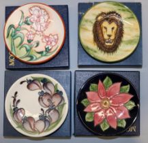 Moorcroft Pottery: four trial pin dishes/coasters - lion's head ('Pride of Lions') trial designed by