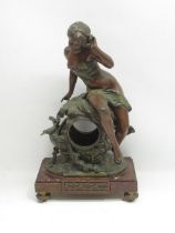 Late C19th French Art Nouveau erotic painted spelter and rouge marble mantle clock case, the