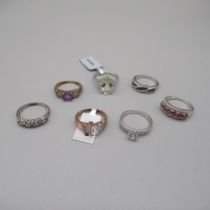 Sterling silver ring set with black diamonds, size N, and six other silver rings set with various