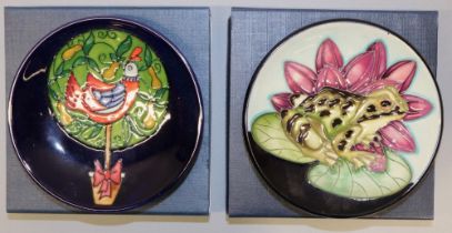 Moorcroft Pottery: two trial pin dishes/coasters - frog on a lily pad, dated '20; and a partridge in