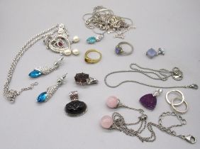 Collection of Gemporia silver pendants and necklaces set with various stones including smoky quartz,