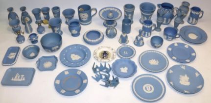 Collection of Wedgwood blue jasperware, incl. scent bottle with hallmarked silver top, vases, plates