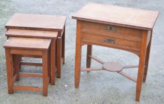 Early C20th walnut 2 drawer sewing table, upper draw with fitted interior, with X shaped under