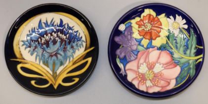 Moorcroft Pottery: two designer signed limited edition pin dishes/coasters - 'Cornflower