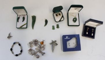 New Zealand Nephrite Jade jewellery pendants and earrings, silver and white metal charm bracelet,