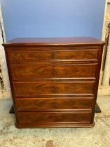 C19th continental chest of five long curl veneer drawers on a skirted base, W92cm D48cm H95cm