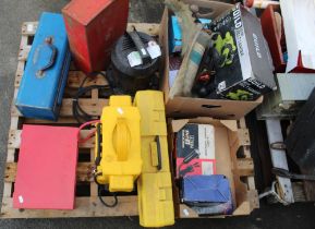 Collection of tools, battery charger, wood planes, compressor, boxed belt sander, etc