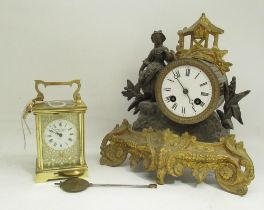 David Peterson, C20th 8 day brass carriage clock, signed white Roman dial with applied fretwork
