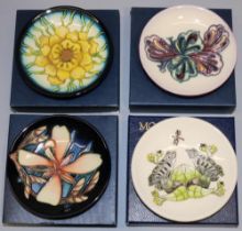 Moorcroft Pottery: four MCC Moorcroft Collectors Club pin dishes/coasters - 'Panache', peach