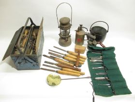 Toolbox and contents, collection of wood turning hand tools, Optimus 1200 lamp, etc.