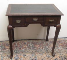 Edwardian mahogany lowboy, with inset top and three drawers on moulded supports with hoof feet,