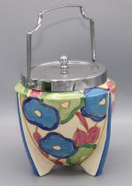 Clarice Cliff Bizarre Blue Chintz pattern biscuit barrel, hand painted with blue, pink and green