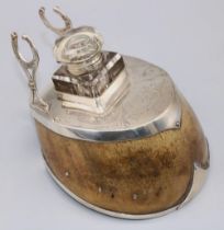 Victorian hallmarked silver mounted horse hoof inkstand, the square glass well with hinged lid, with