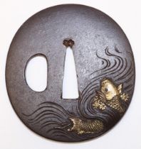 Japanese 17th century tsuba, possibly by Mumia, Iwamoto school, with leaping carp in gold and silver