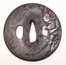 Japanese iron signed Motomura tsuba, 18th century Edo period to fit Katana, gilt and white metal