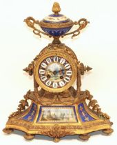 Japy Freres & Co. & H & F Paris - C19th French ormolu and porcelain mantle clock, urn finial, set