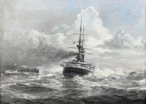 English School (C20th); Ships Portrait of a British Pre-Dreadnought battleship, in a heavy swell,