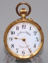 Swiss retailed by J. G. Greaves Sheffield, ladies 18k gold open face fob watch, named guilloche