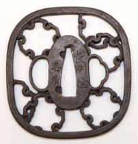 Japanese Sukashi iron tsuba to fit katana, 17th century Edo period, signed `Tadafusa of Choshu